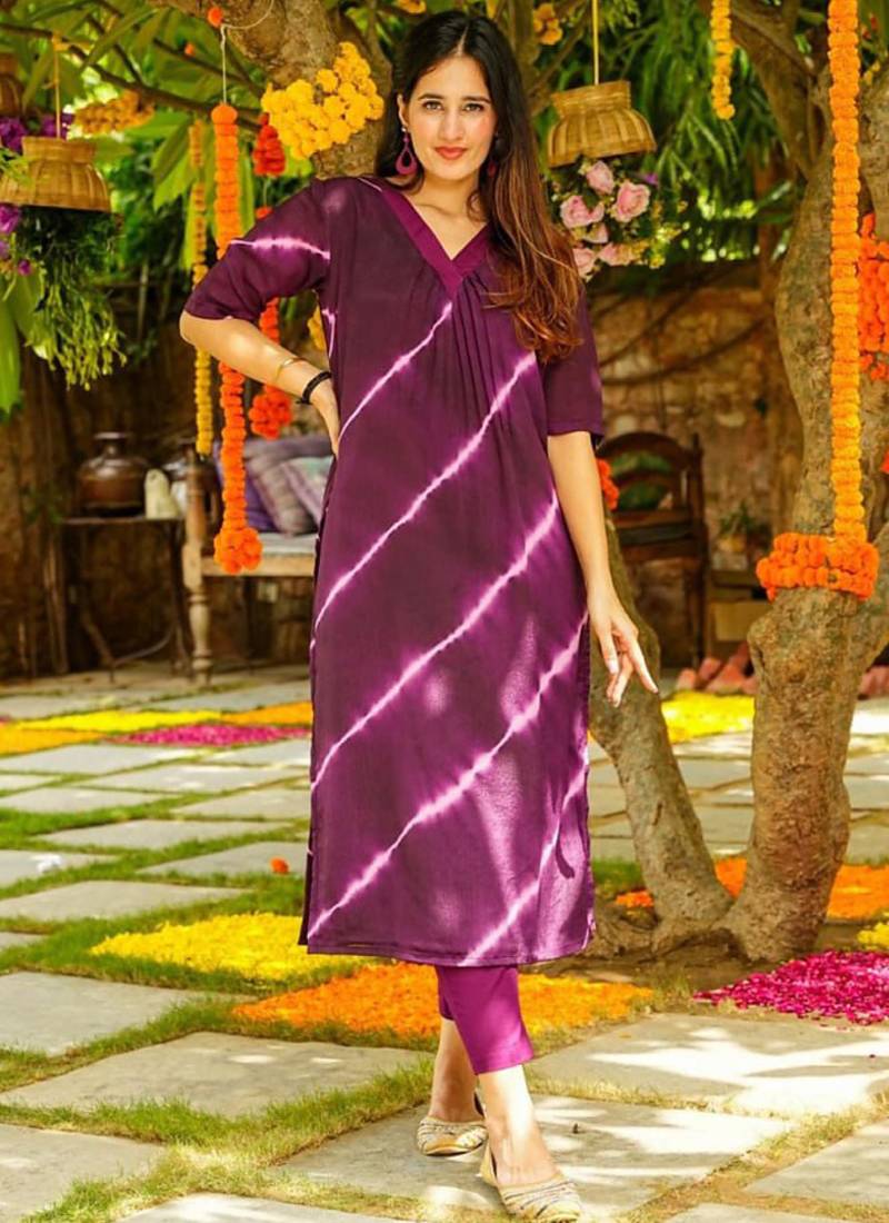Purple muslin silk blend kurti pant set