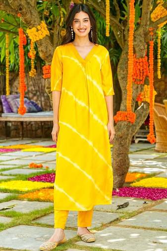 Yellow muslin silk blend kurti pant set