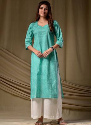 Sea green rayon kurti palazzo set 1