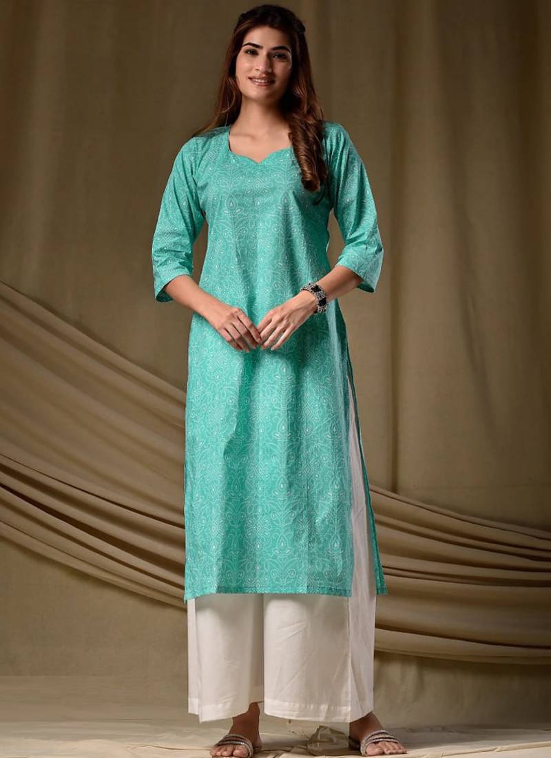 Sea green rayon kurti palazzo set