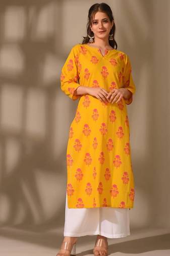 Yellow cambric cotton kurti palazzo set