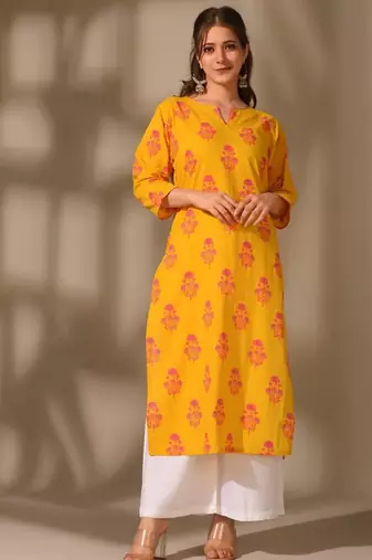 Yellow cambric cotton kurti palazzo set