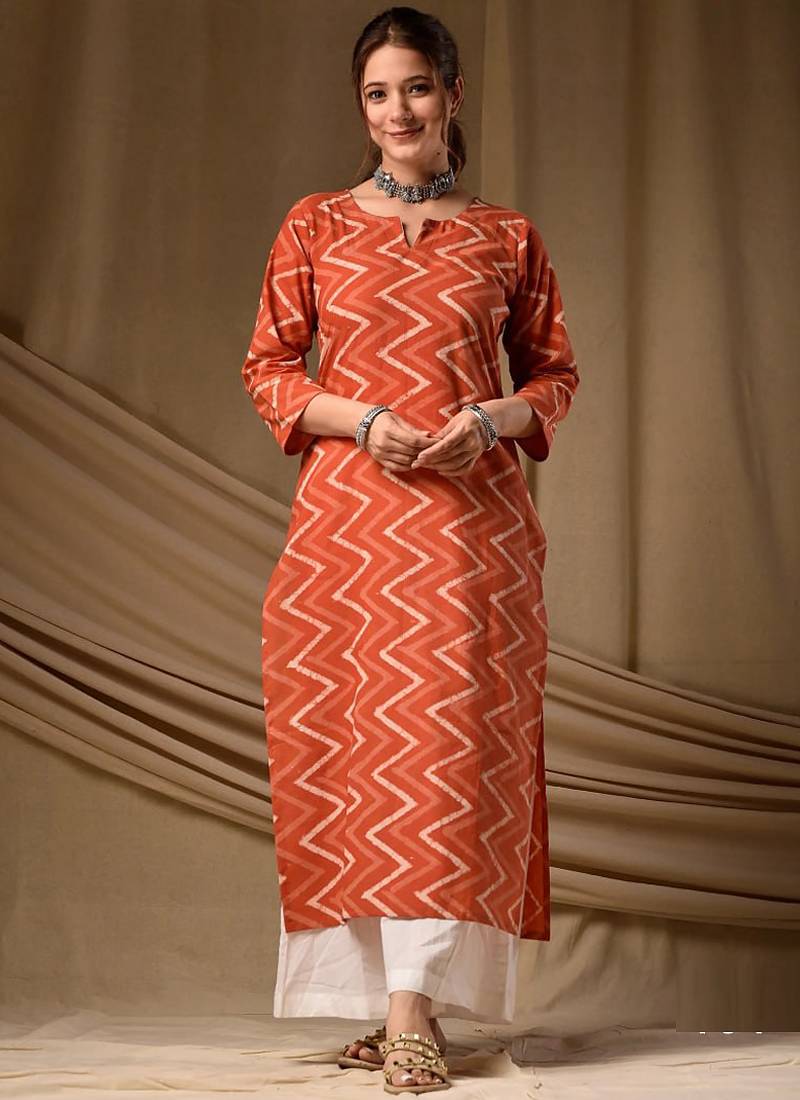 Orange cambric cotton kurti palazzo set