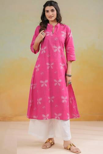 Pink cambric cotton kurti palazzo set