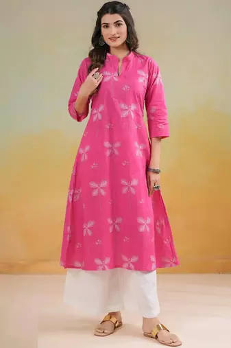 Pink cambric cotton kurti palazzo set