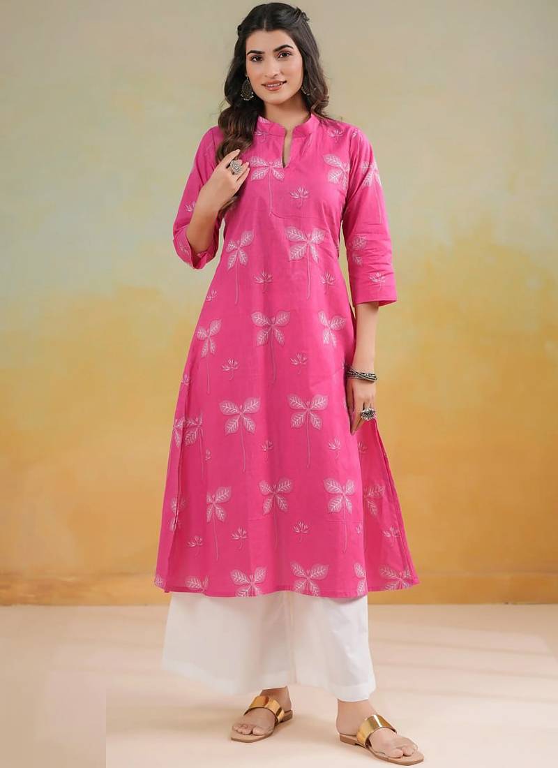 Pink cambric cotton kurti palazzo set