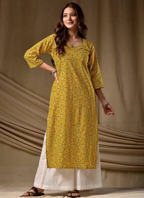 Yellow cambric cotton kurti palazzo set 1