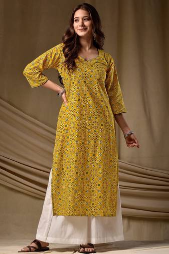 Yellow cambric cotton kurti palazzo set