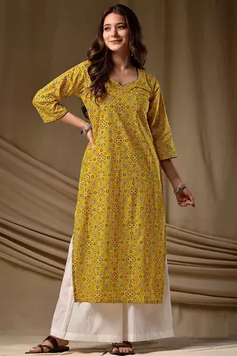 Yellow cambric cotton kurti palazzo set