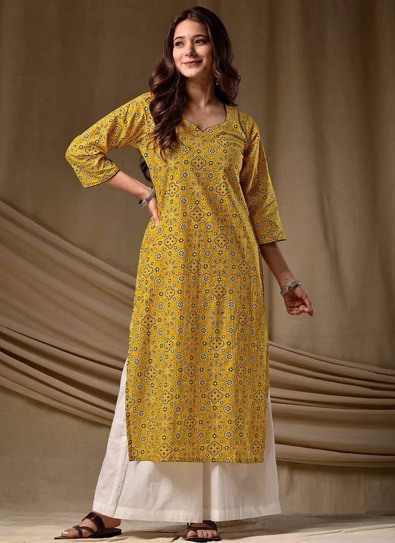 Yellow cambric cotton kurti palazzo set
