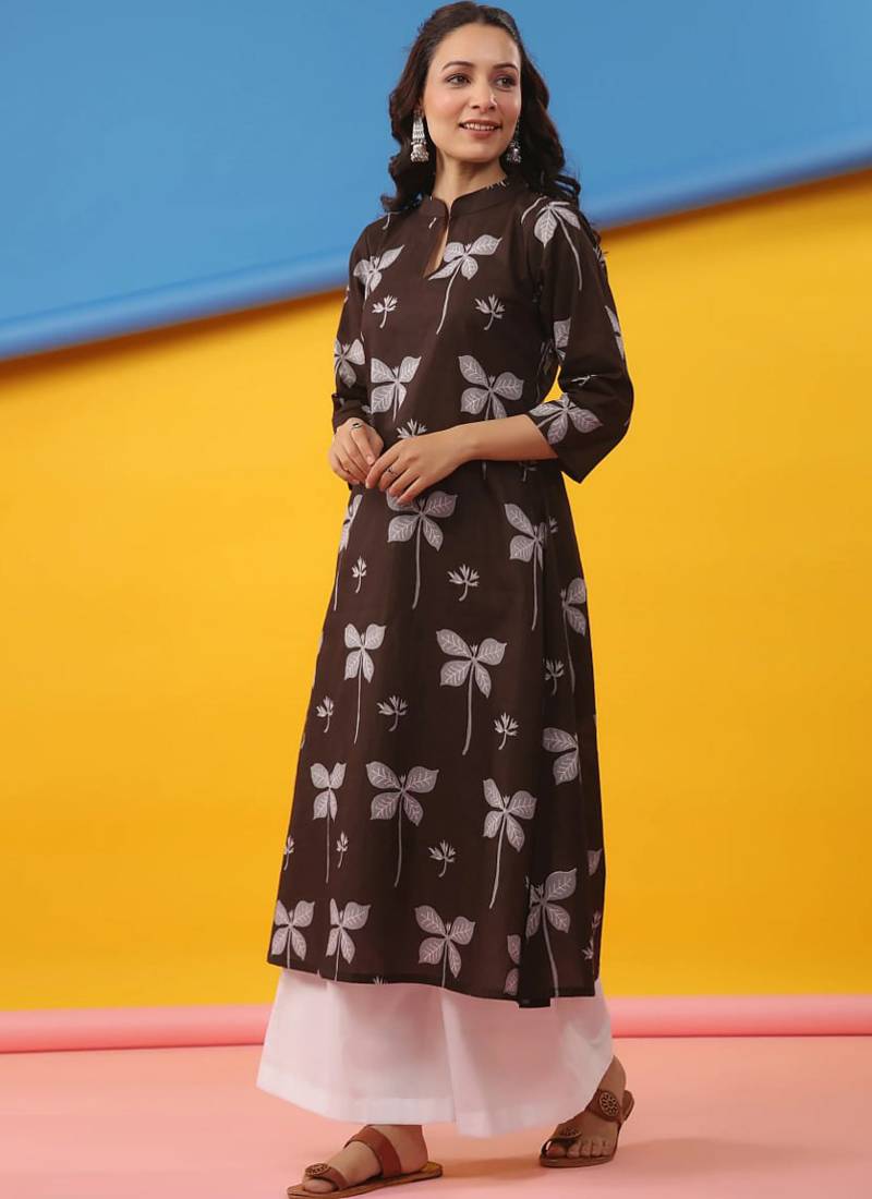 Brown cambric cotton kurti palazzo set