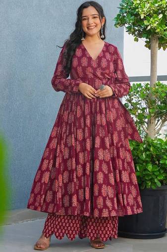 Maroon rayon digital printed kurti with pant set