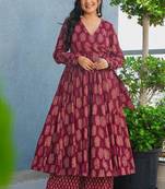 Maroon rayon digital printed kurti with pant set