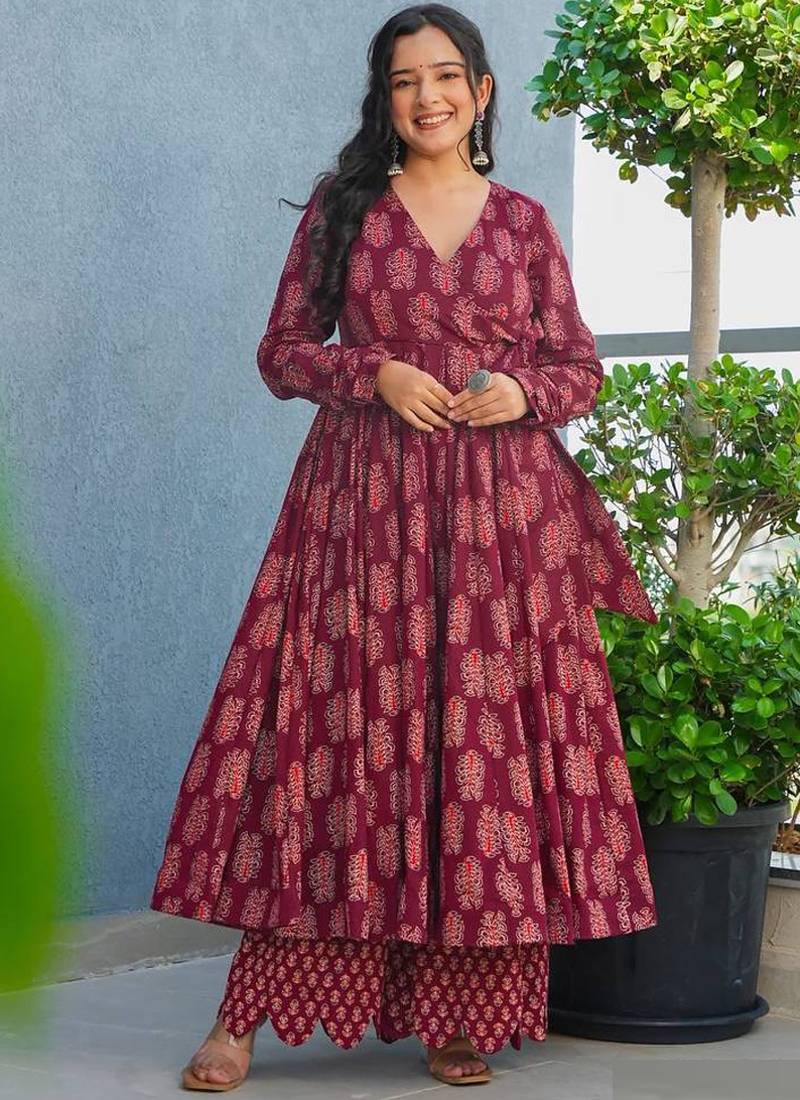 Maroon rayon digital printed kurti with pant set