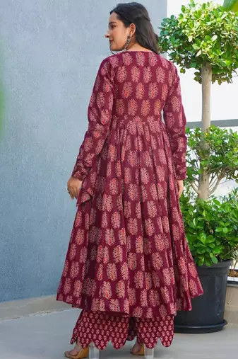 Maroon rayon digital printed kurti with pant set