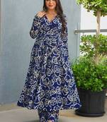 Blue rayon digital printed kurti with pant set