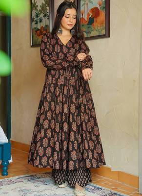 Brown rayon digital printed kurti with pant set 1