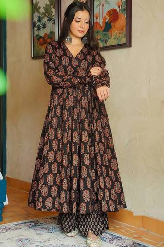 Brown rayon digital printed kurti with pant set
