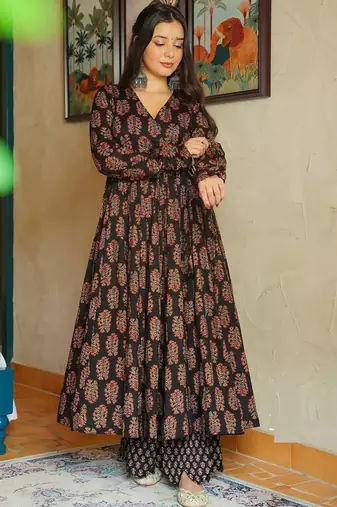 Brown rayon digital printed kurti with pant set