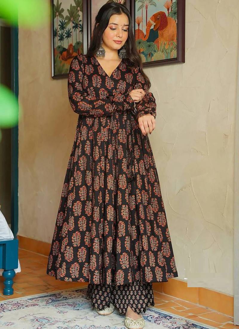Brown rayon digital printed kurti with pant set