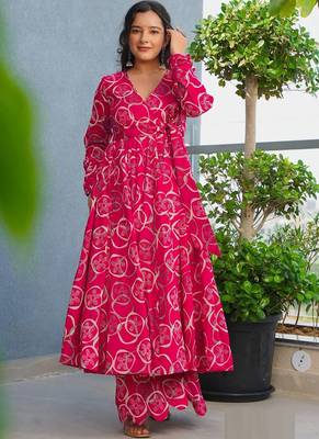 Pink rayon digital printed kurti with pant set 1