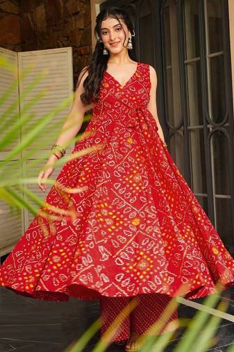 Red rayon digital printed kurti with palazzo set