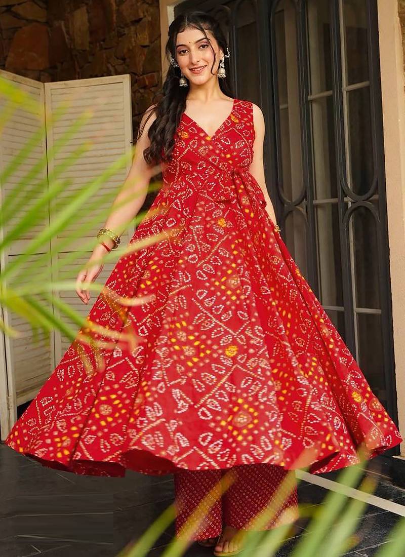 Red rayon digital printed kurti with palazzo set