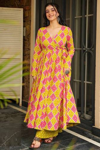 Yellow rayon digital printed kurti with palazzo set