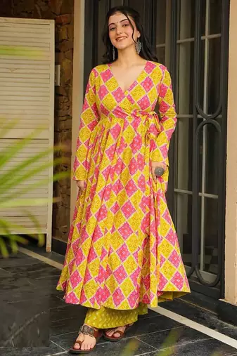 Yellow rayon digital printed kurti with palazzo set