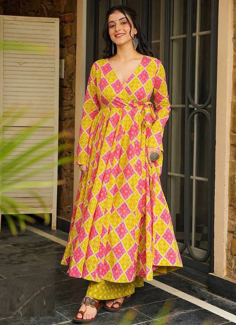 Yellow rayon digital printed kurti with palazzo set
