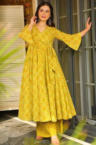 Yellow rayon digital printed kurti with palazzo set