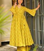 Yellow rayon digital printed kurti with palazzo set