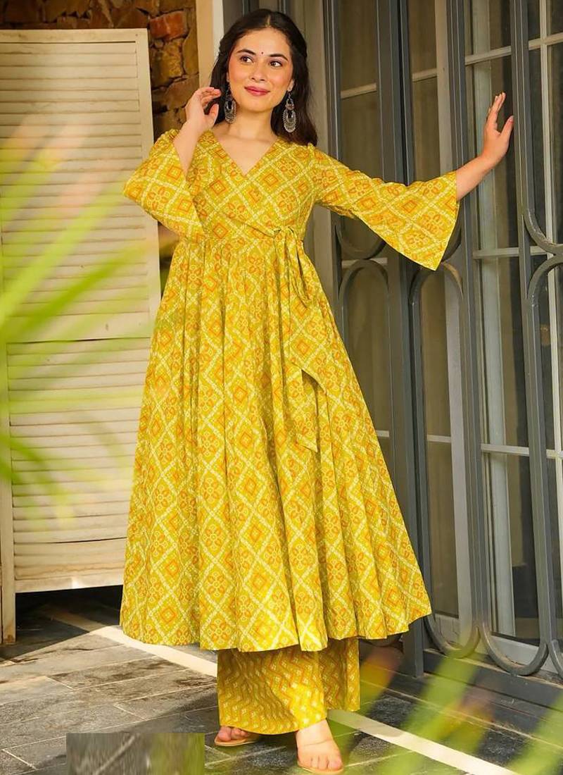 Yellow rayon digital printed kurti with palazzo set