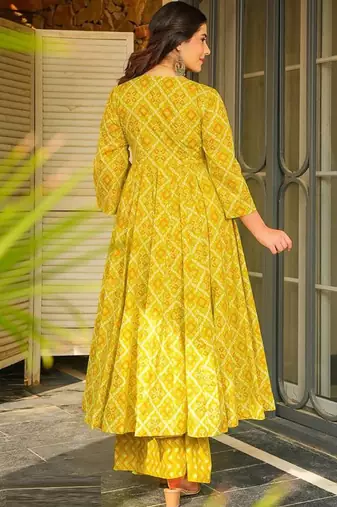 Yellow rayon digital printed kurti with palazzo set