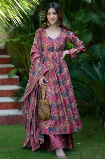 Dusty pink muslin silk blend digital printed kurti with palazzo set