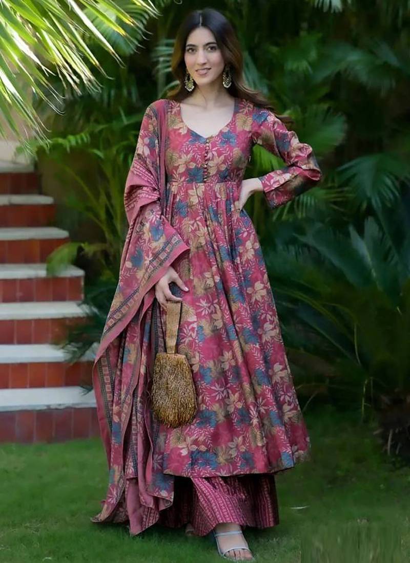 Dusty pink muslin silk blend digital printed kurti with palazzo set