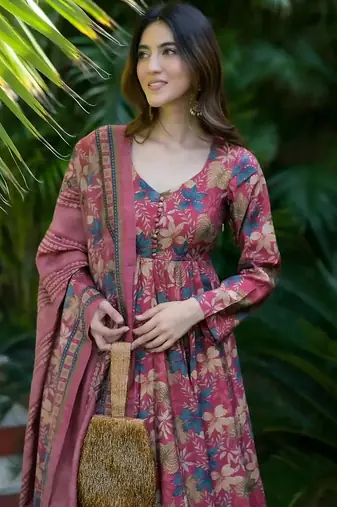 Dusty pink muslin silk blend digital printed kurti with palazzo set