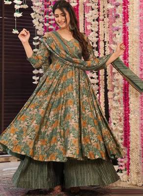 Green muslin silk blend digital printed kurti with palazzo set 1