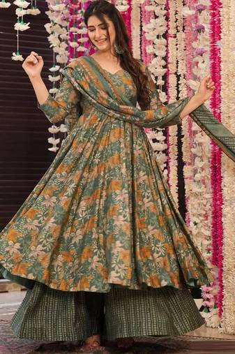 Green muslin silk blend digital printed kurti with palazzo set