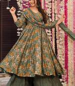 Green muslin silk blend digital printed kurti with palazzo set