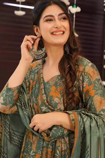 Green muslin silk blend digital printed kurti with palazzo set