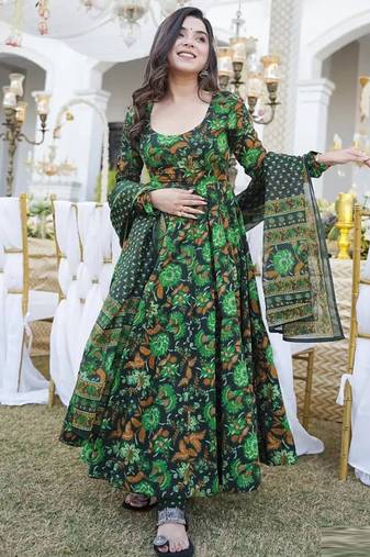 Green muslin silk blend digital printed kurti with palazzo set