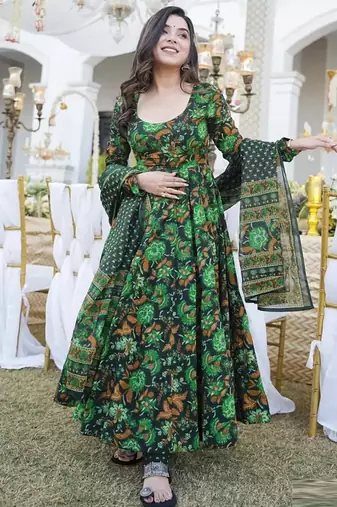 Green muslin silk blend digital printed kurti with palazzo set