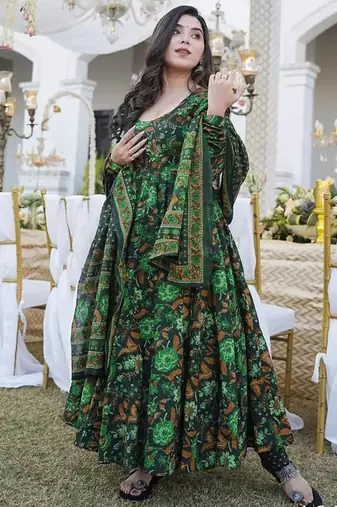 Green muslin silk blend digital printed kurti with palazzo set