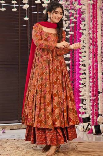 Orange heavy georgette silk blend digital printed kurti with palazzo set
