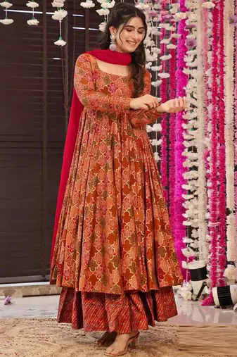 Orange heavy georgette silk blend digital printed kurti with palazzo set