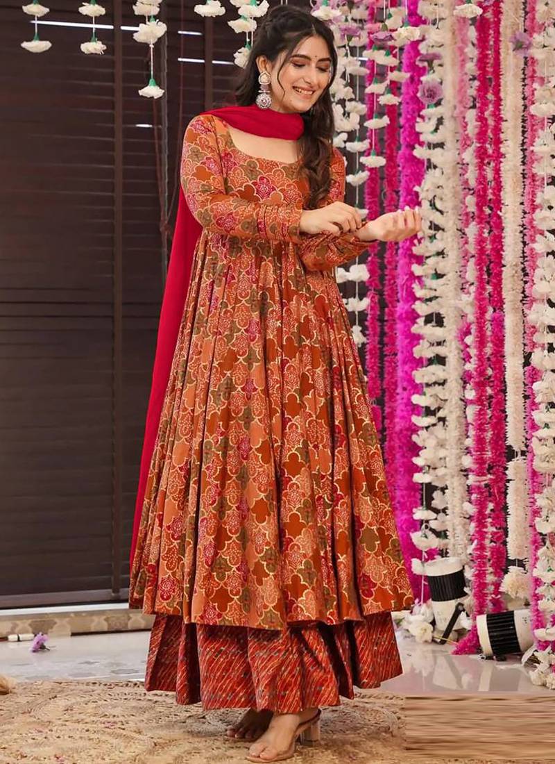 Orange heavy georgette silk blend digital printed kurti with palazzo set