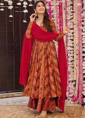 Orange heavy georgette silk blend digital printed kurti with palazzo set 2