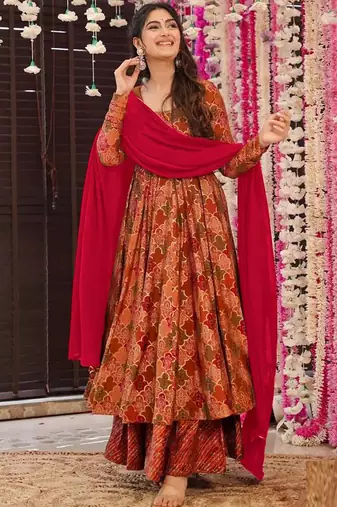 Orange heavy georgette silk blend digital printed kurti with palazzo set