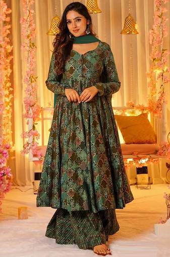Green heavy georgette silk blend digital printed kurti with palazzo set